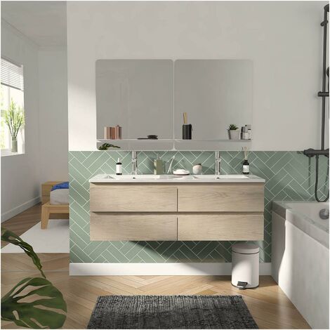 Mob-In – Meuble sous vasque double 120 cm – Plan céramique SORRENTO décor chêne – 4 tiroirs avec fermeture progressive – Miroirs inclus