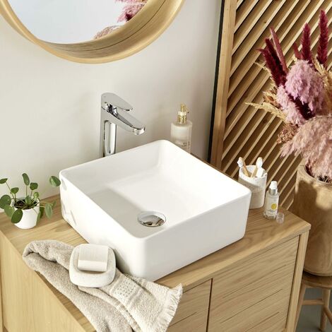 Mob-In – Vasque à poser carrée en céramique blanche 36cm – Trou d'évacuation standard 45mm – Pour salle de bain moderne et élégante