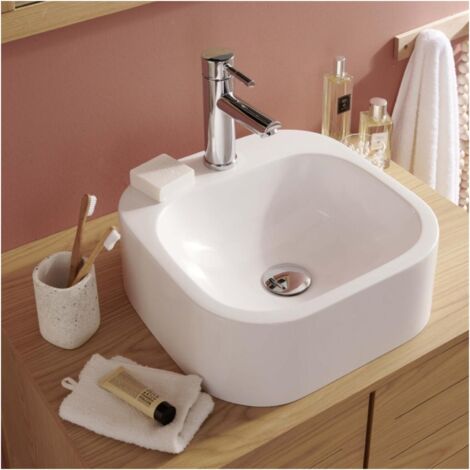 Mob-In – Vasque à poser en résine 37 cm – Ovale blanche – Facile à nettoyer – Trou d'évacuation 45 mm – Pour salle de bain et toilettes