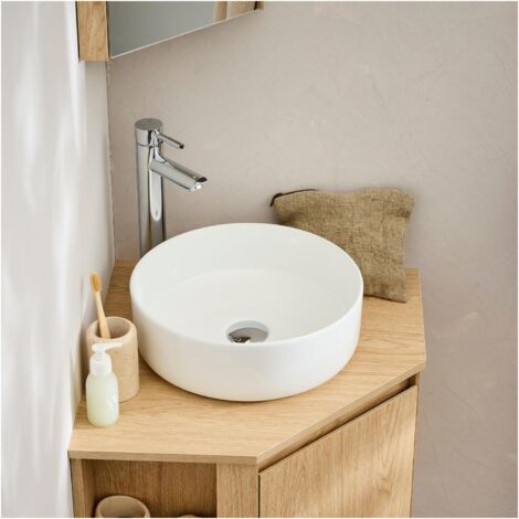 Mob-In – Vasque à poser ronde en céramique 37cm – Hauteur 12cm – Évacuation standard 45mm – Pour salle de bain moderne