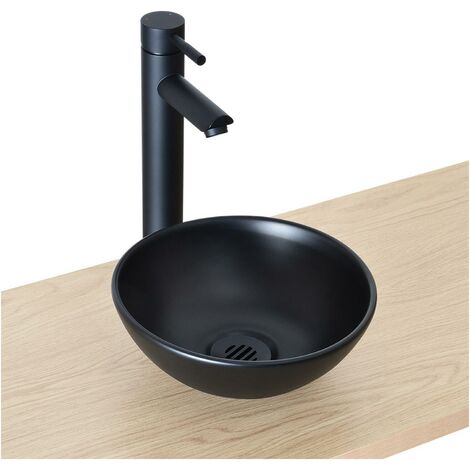 Mob-In – Vasque lave-mains à poser ronde en céramique noir 26cm – Hauteur 10cm – Trou d'évacuation 45mm – Pour petits espaces