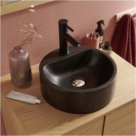 Mob-In – Vasque à poser ronde en résine Ø37 cm – Design épuré pour salle de bain – Entretien simplifié – Trou pour robinetterie inclus
