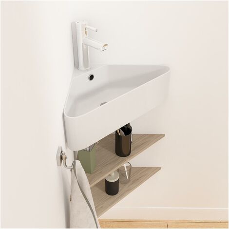 Mob-In – Vasque suspendue d'angle en céramique blanche 42,5cm – Hauteur 13cm – Trou d'évacuation standard 45mm – Installation facile
