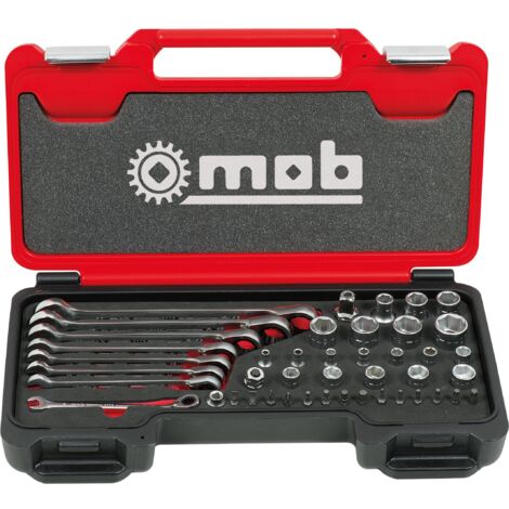 Mob Outillage – Coffret cliquet et douilles 44 pièces – 8 clés mixtes 8-19mm – 12 douilles ¼ et ½ – Adaptateurs inclus – Dimensions 405x225x60mm – 9436044001
