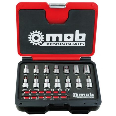 Mob Outillage – Coffret de douilles Torx 1/4' et 1/2' – 28 pièces en polyéthylène haute densité – Pour travaux de mécanique – Douilles mâles et femelles
