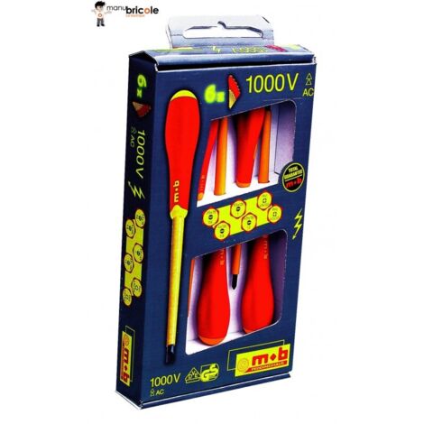 Mob Outillage – Jeu de 6 tournevis isolés 1000V – Norme EN 60900 – Lames en acier allié – Poignée ergonomique bi-matière – Pour travaux sous tension