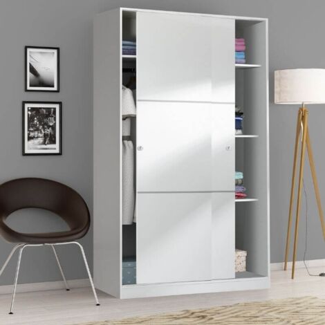 MOBIMARKET Mobelcenter - Armario 2 Puertas Correderas Matrimonio o Juvenil con 3 estantes y Barra de Colgar - Blanco Brillo - 120cm x 50cm x 200cm (1415)