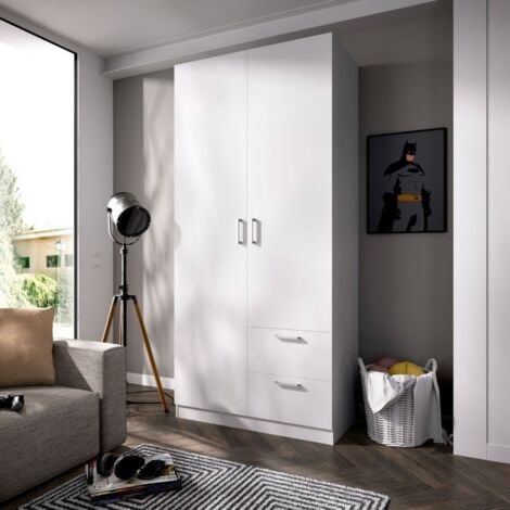 Mobelcenter - Armario Matrimonio o Juvenil 2 Puertas 2 Cajones Maxi - Color Blanco - Medidas: Ancho: 100 cm x Fondo: 52 cm x Alto: 215 cm - (1210)