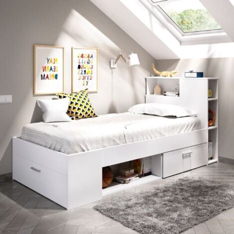Mobelcenter - Cama Infantil Juvenil Lanka con Cajones y Estantería - Color Blanco - Ancho: 99 cm x Fondo: 218 cm x Alto: 96 cm (1348)
