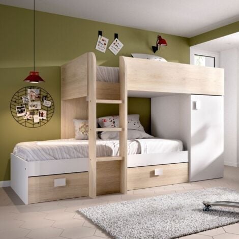 Mobelcenter - Cama Litera Tren Juvenil Convertible Reversible - Blanco y Natural - Armario y 2 Cajones - 195-255 cm x 150 cm x F: 199-109 cm - (1201)