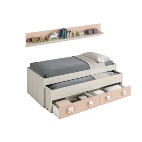 USINESTREET Mobelcenter - Cama Nido con cajones y estantería Nube Infantil Juvenil - Blanco y Rosa Pastel - Ancho 199cm x Altura 69cm x Fondo 96cm - 0983