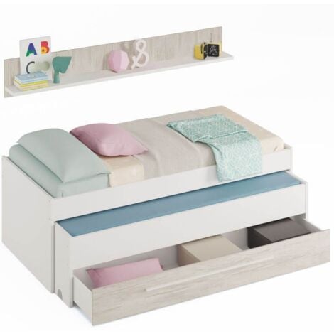 USINESTREET Cama doble juvenil con estante Elliot Blanco Artik (Blanco Mate) – Blanco Velho 199cm(cama)/180cm(estante) (ancho) x 65cm(cama)/22,5cm(estante) (alto)