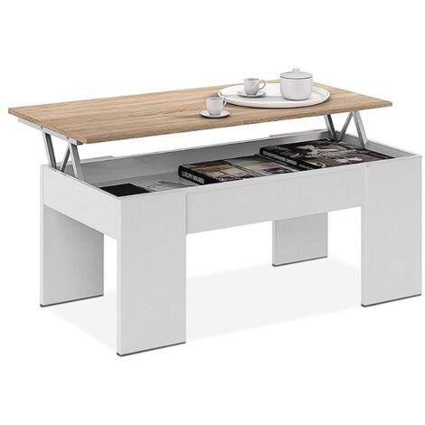 MOBIMARKET Mobelcenter - Mesa de Centro elevable - Color Blanco Artik y Roble Canadian - 100 cm x 45 cm x 50 cm - Altura de la Mesa elevada: 56 cm – (0901)