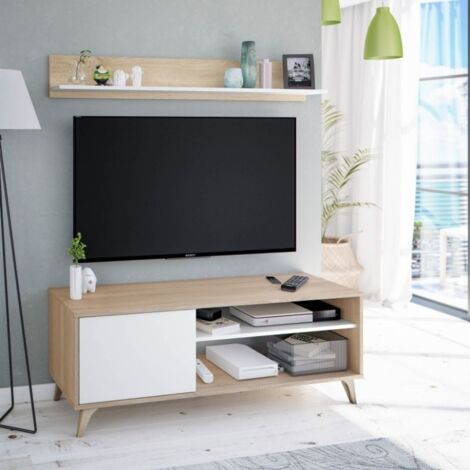 MIRAKEMUEBLE Mueble TV con estante Kikua Plus Blanco Artik (Blanco Mate) - Roble Canadian MóduloTV:135cmEstantería:135cm (ancho) x MóduloTV:50cmEstantería:19.5cm (alto)