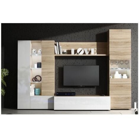 MOBIMARKET Mobelcenter – Mueble Salón – Módulo TV, Módulo Vertical y Vitrina con Leds – Color Roble Canadian y Blanco Brillo – 260 cm x 42 cm x 185 cm - (0735)