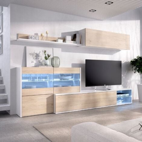 Mobelcenter - Mueble Salón Reversible, Módulo TV, Superior y Estante Vitrina - Blanco Brillo y Roble Natural - 233-260cm x 86cm x 41-118cm (1207)