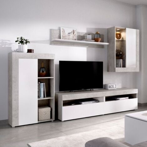 Mobelcenter - Mueble Salón Tokio - Módulo TV, Módulo con estantes, Módulo Superior y Estante - Cemento y Blanco - 254 cm x 112 cm x 42 cm - (1200)