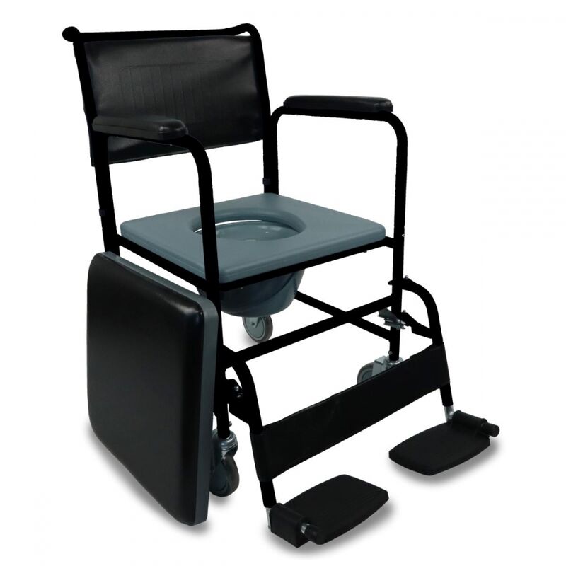 

Silla orinal | Con tapa | Reposapiés abatibles y reposabrazos extraíbles | Ruedas | Negro | Barco | Mobiclinic