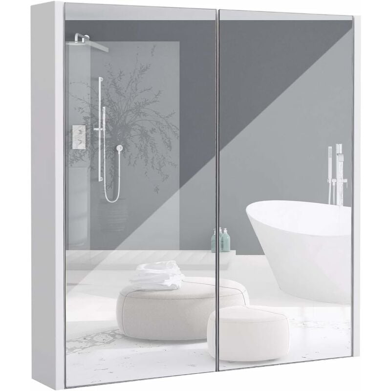 COSTWAY Mobile a Specchio per Bagno Armadietto Arredo con Specchio a Parete con Due Ante, Bianco, 65 x 62 x 11cm