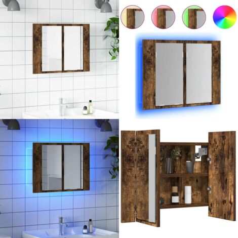 Mobile a Specchio LED Rovere Fumo 60x12x45 cm Legno Multistrato - Armadio da bagno - Armadio con specchio