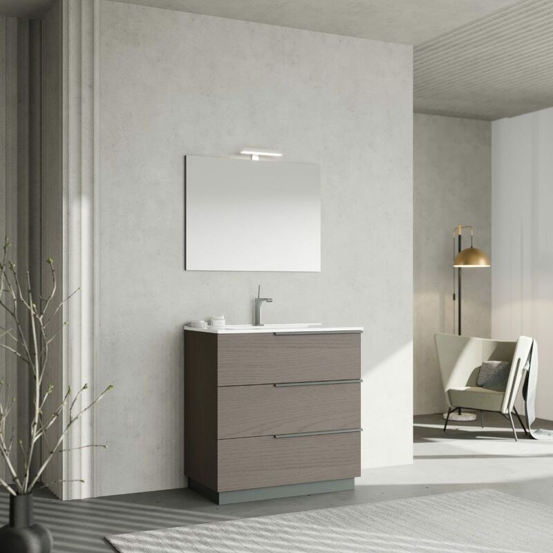 

Mobile A Terra 80Cm Grigio Con Specchio 80X60 Con Lampada