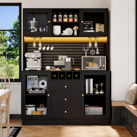Mobile alto - Colonna portaoggetti 140x40x185,7 cm con LED connesso, anta in vetro, cassetto, porta bicchieri, MDF nero