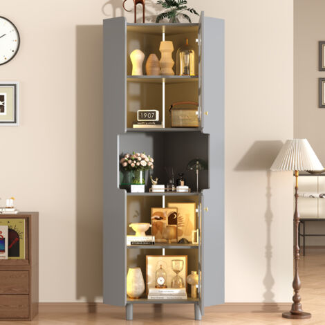 Mobile Angolare 63,5x31.9x157,5 cm, LED RGB Integrato 3 Zone, Fissaggi di Sicurezza, 3 Zone di Storage, MDF Grigio, per Angoli