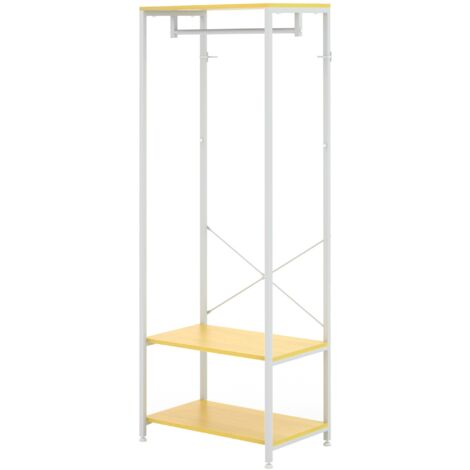Mobile Appendiabiti 2 in 1 con Ripiano a 2 Livelli 60x40x167,5 cm in Acciaio e Truciolato Bianco e legno naturale