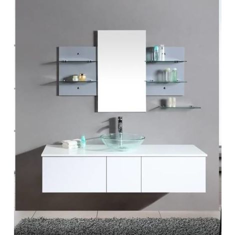 Bagno Sospeso Mobile Bagno Con Lavabo Appoggio.Mobile Arredo Bagno Da 140cm Sospeso Bianco Con Lavabo D Appoggio E Specchio Con Mensole Mobili Arredi 1 Sof74