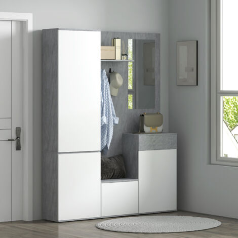 Mobile Attaccapanni da Ingresso 4 in 1 con Specchio, Ganci e Ripiani Regolabili Interni, Mobile da Ingresso Multiuso in Legno con Cassetto, 145x29x184 cm, Grigio e Bianco