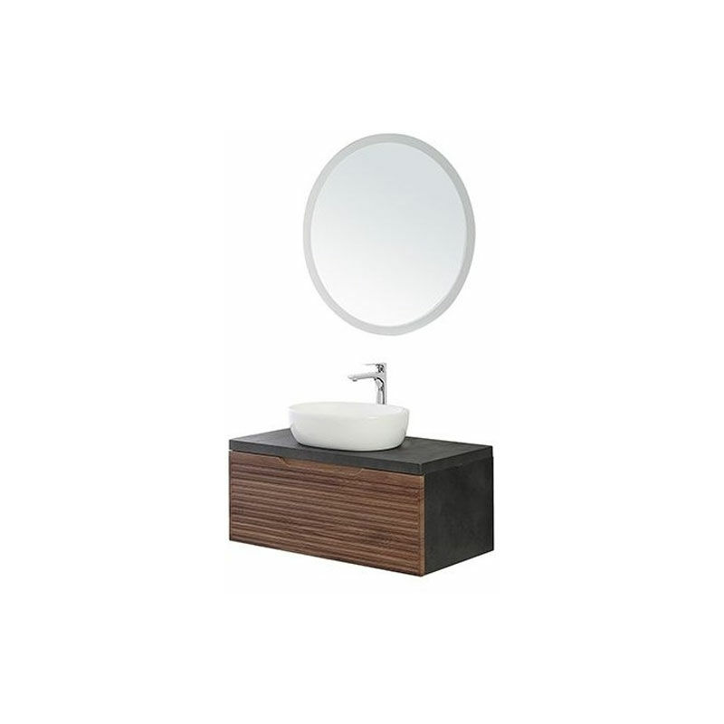 Composizione Bagno Sospeso Rovello Noce Mobile Cassettone Lavabo Specchio