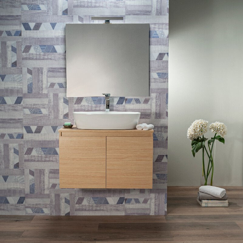 Image of Mobile Bagno 100 cm Rovere Sospeso 2 Ante per Lavabo da Appoggio