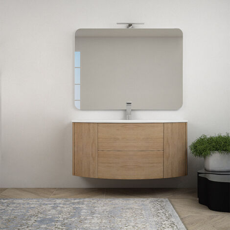 Mobile bagno 120 cm Rovere tabacco sospeso  con specchio led e colonna da 140 cm