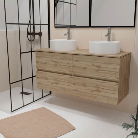 Mobile Bagno 120cm 4 Cassetti Rovere Naturale + 2 Lavabi Rotondi Ø 41cm Ceramica Bianca