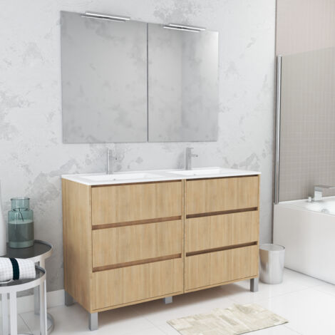 Mobile Bagno 120cm Rovere Chiaro 6 Cassetti, Lavabo, 2 Specchi 60x80 e Applique Led - XENOS
