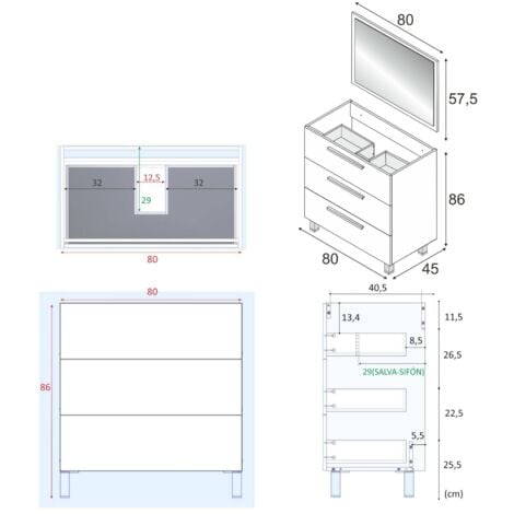 Mobile Bagno A Terra Con Lavabo 80 Cm.Mobile Bagno 3 Cassetti A Terra 80 Cm Bianco Lucido Con Specchio Bianco Lucido Standard Lavabo Non Incluso 8435318101996