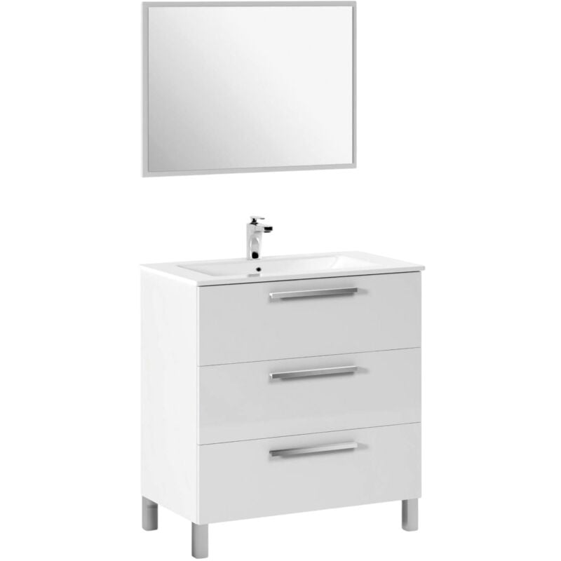 Mobile sottolavabo, Mobiletto per bagno, Armadio a 3 cassetti e specchio, lavabo non incluso, cm 80x45h86, Bianco lucido