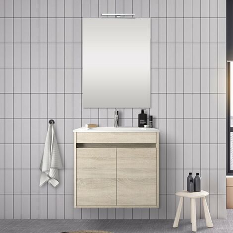 Mobile bagno a terra 120 cm nero e rovere con top lavabo doppio e specchio  - Axis