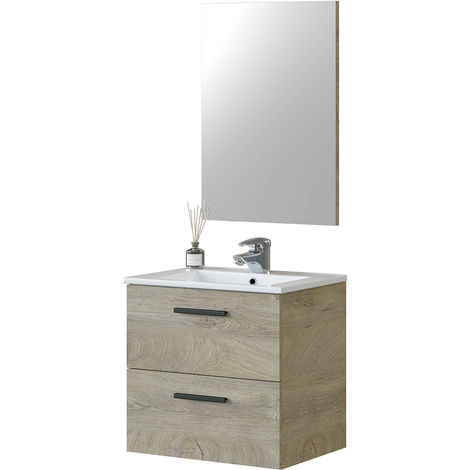 Mobile da bagno 60 cm con 2 cassetti aspetto rovere industriale + lavabo  nero e specchio ovale