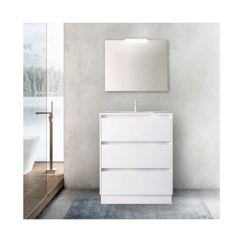 

Mueble de baño de pie 80 cm de madera Blanco brillante con lavabo de porcelana | Con columna, espejo y lámpara LED