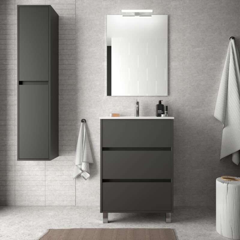 

Mueble de baño de 60 cm en madera gris mate con lavabo de porcelana | Standard