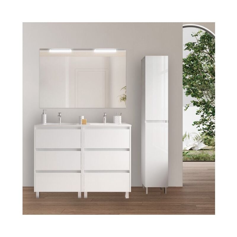 

Caesaroo - Mueble de baño de pie 120 cm de madera Blanco Brillante con lavabo de porcelana | Standard