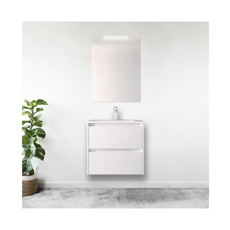 

Mueble de baño suspendido 70 cm de madera Blanco brillante con lavabo de porcelana | Con espejo y lámpara LED