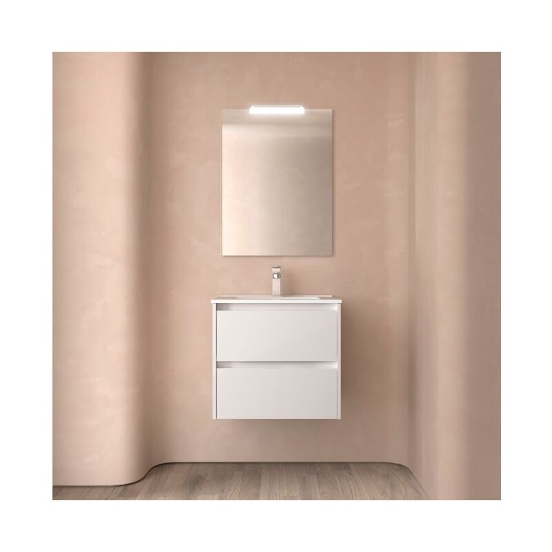 

Mueble de baño suspendido 70 cm de madera Blanco brillante con lavabo de porcelana | Con Doble Columna, Espejo y Lámpara Led