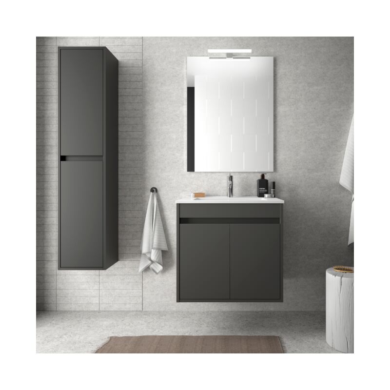 

Mueble de baño suspendido 60 cm de madera Gris mate con dos puertas | Con columna, espejo y lámpara LED