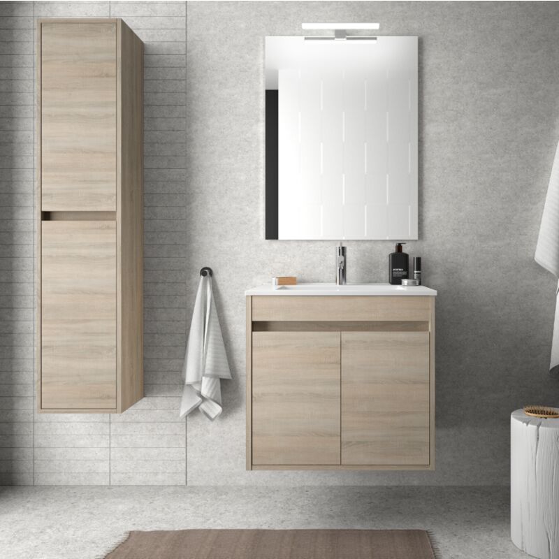 

Mueble de baño suspendido 60 cm de madera Roble Caledonia con dos puertas | Con espejo y lámpara LED