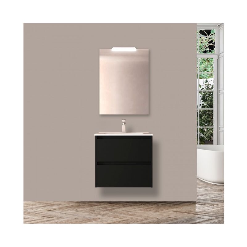 

Mueble de baño suspendido 70 cm de madera gris mate con lavabo de porcelana | Con espejo y lámpara LED