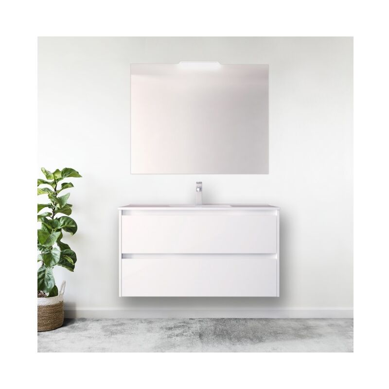 

Mueble de baño 100 cm de madera lacado blanco brillante con lavabo de porcelana | Con columna, espejo y lámpara LED