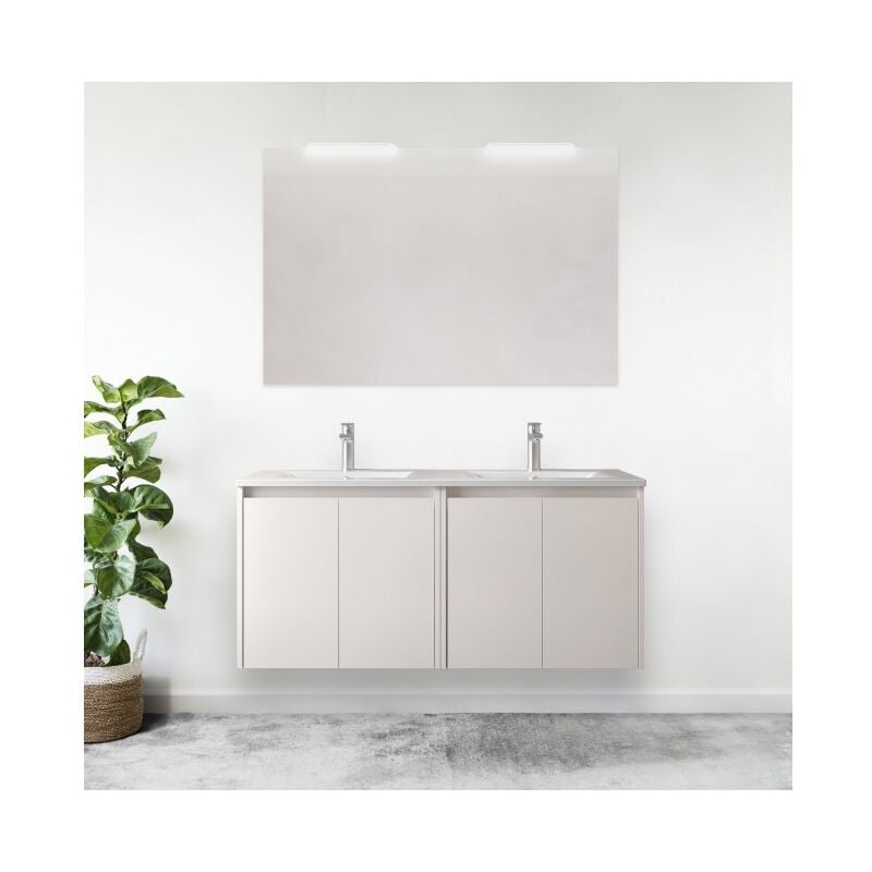 

Mueble de baño suspendido 120 cm de madera lacada blanca brillante con cuatro puertas | Con espejo, doble columna y doble lámpara LED