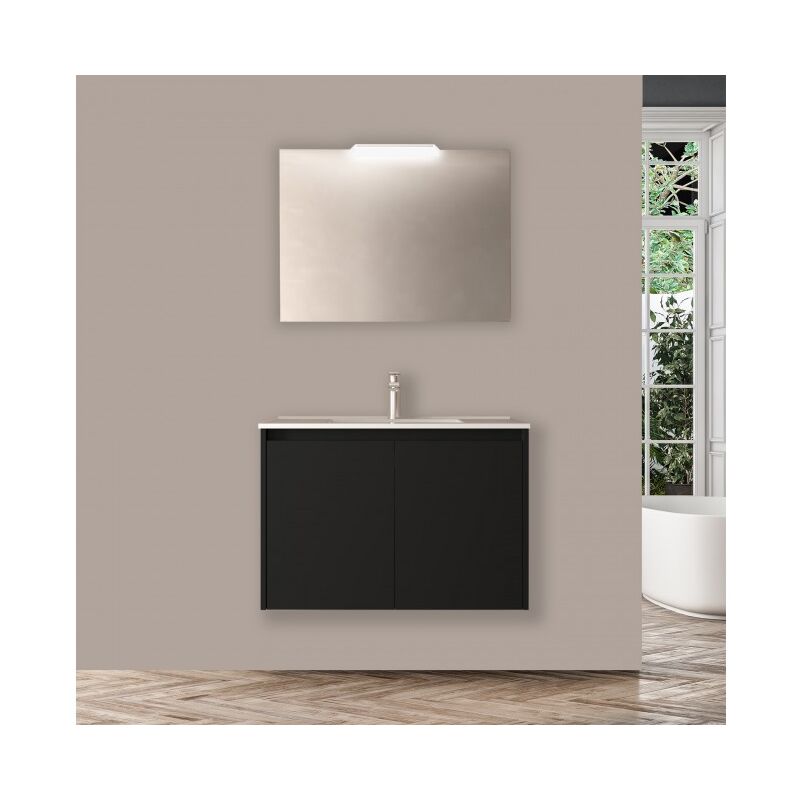 

Mueble de baño suspendido 80 cm de madera Gris Mate con dos puertas | Con espejo y lámpara LED